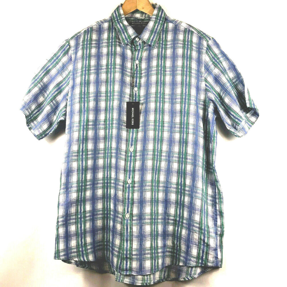 Michael Kors Shirt Mens 100% Linen Size XL Slim Fit Blue Green Plaid $128 T